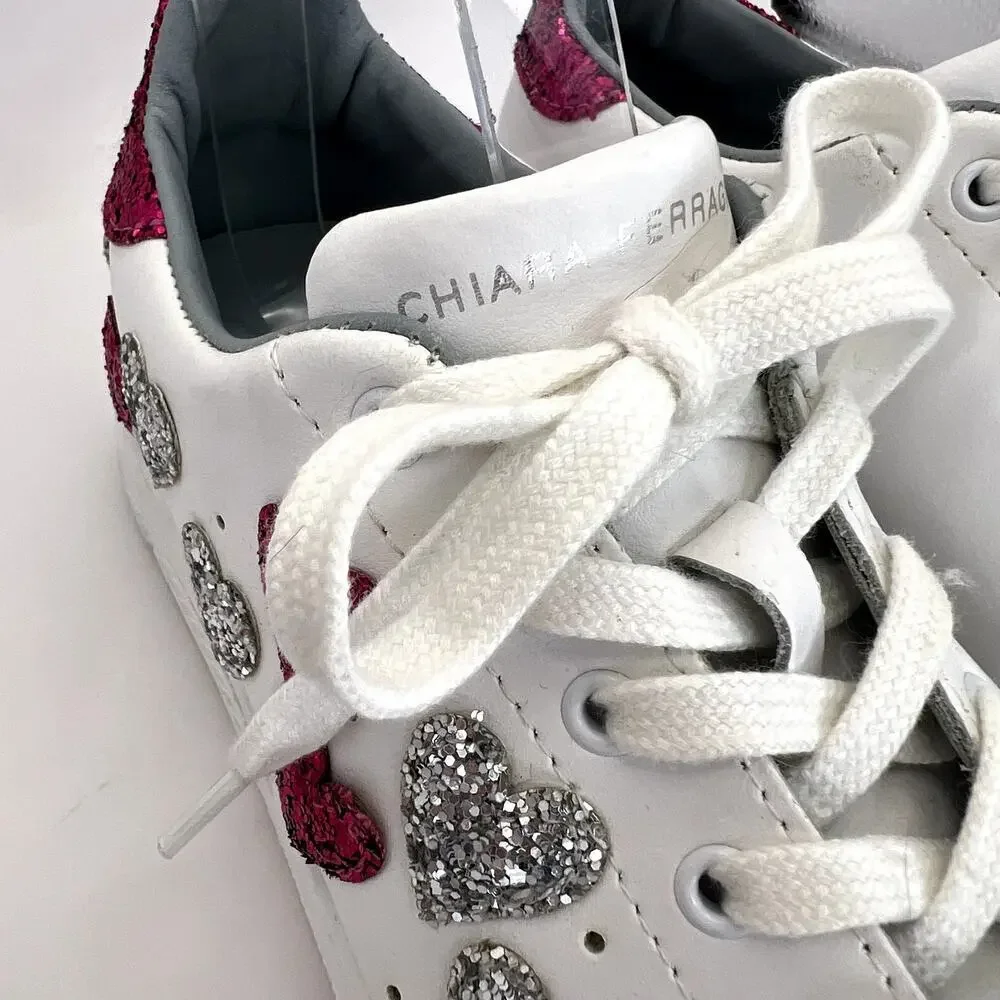 Chiara Ferragni Glitter Heart White Leather Sneakers Pink Silver Lace Up EU 38